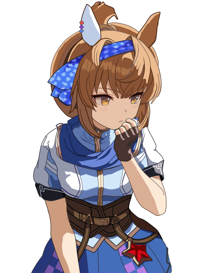 1girl, animal_ear_piercing, animal_ears, blue_hairband, blue_scarf, commentary_request, ear_covers, furioso_(umamusume), h00y0iz2ml8pbq5, hair_intakes, hair_rings, hair_tuft, hairband, horse_ears, horse_girl, medium_hair, orange_hair, puffy_short_sleeves, puffy_sleeves, scarf, short_sleeves, sidelocks, simple_background, single_ear_cover, single_hair_ring, solo, umamusume, upper_body, white_background, yellow_eyes
