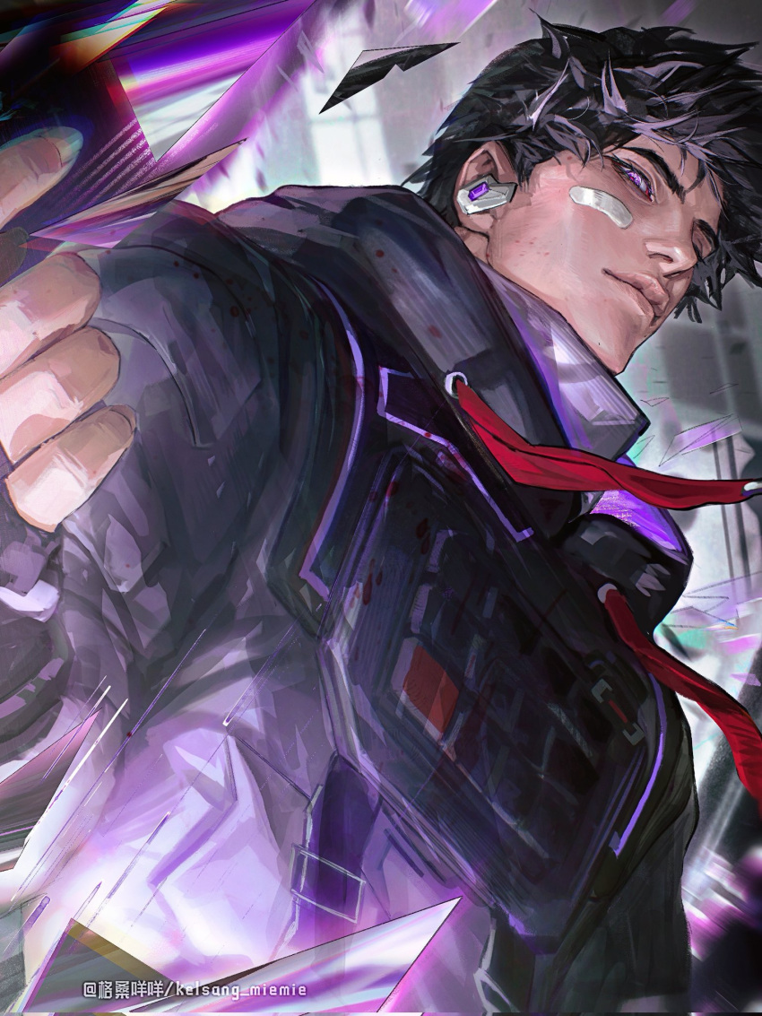 1boy, arm_up, bandaid, bandaid_on_cheek, bandaid_on_face, black_gloves, black_hair, black_jacket, chinese_commentary, closed_mouth, commentary_request, corrupted_twitter_file, debris, drawstring, earpiece, fingerless_gloves, gloves, highres, hood, hood_down, hooded_jacket, iso_(valorant), jacket, kelsang_miemie, looking_at_viewer, male_focus, short_hair, solo, upper_body, valorant, violet_eyes