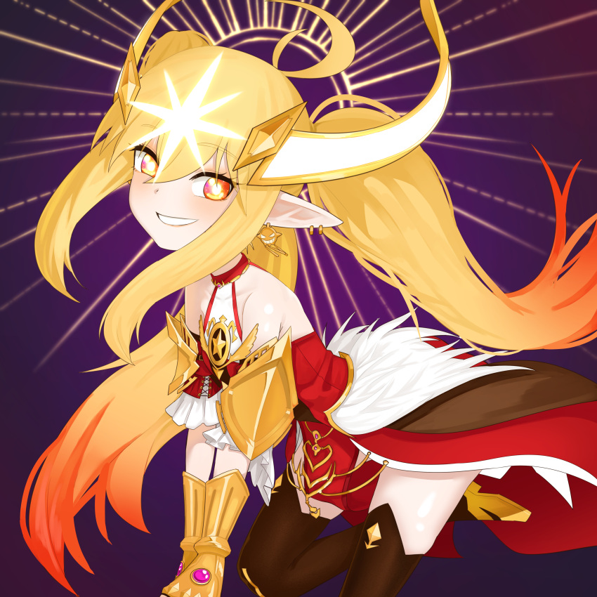 1girl, absurdres, blonde_hair, character_request, cowboy_shot, dress, dungeon_and_fighter, flat_chest, gauntlets, grin, halo, highres, leaning_forward, looking_at_viewer, marucody, orange_eyes, pointy_ears, purple_background, red_dress, smile, solo, twintails, zettai_ryouiki