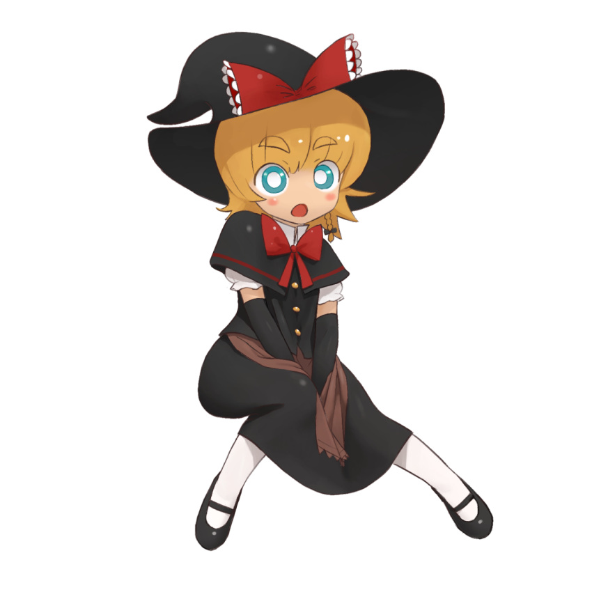 1girl, :o, apron, between_legs, black_capelet, black_footwear, black_gloves, black_hat, black_skirt, black_vest, blonde_hair, blue_eyes, blush, bow, bowtie, braid, bright_pupils, brown_apron, buttons, capelet, commentary, cookie_(touhou), elbow_gloves, full_body, gloves, hair_bow, hand_between_legs, hat, hat_bow, highres, kirisame_marisa, looking_at_viewer, mary_janes, meguru_(cookie), open_mouth, red_bow, red_bowtie, shirt, shoes, short_hair, side_braid, simple_background, single_braid, skirt, skirt_set, socks, solo, touhou, vest, waist_apron, white_pupils, white_shirt, white_socks, witch_hat, ym_(nicoseiga18386039)