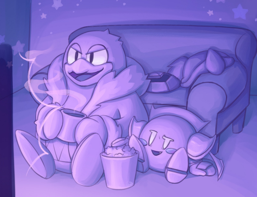 armor, blush_stickers, cape, couch, cup, daycolors, fang, food, hat, holding, holding_cup, king_dedede, kirby_(series), mask, meta_knight, pauldrons, popcorn, purple_theme, shoulder_armor, sitting, star_(symbol), unworn_hat, unworn_headwear, unworn_mask