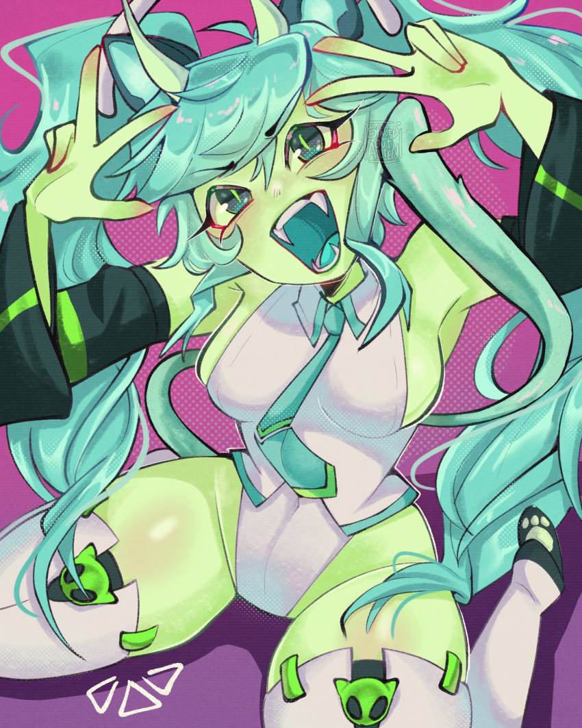 1girl, animal_ears, breasts, cat_ears, eyelashes, fangs, glorpi_miku_(dyarikku), hatsune_miku