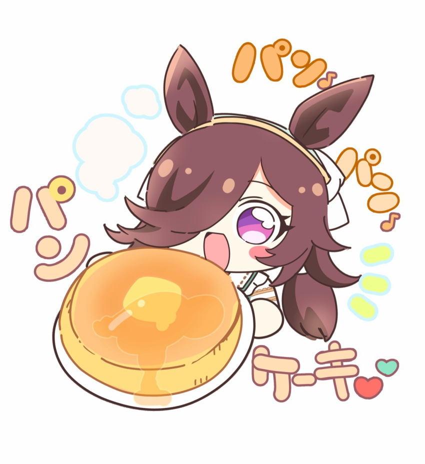 1girl, animal_ears, blush_stickers, brown_hair, chibi, food, hair_over_one_eye, happy