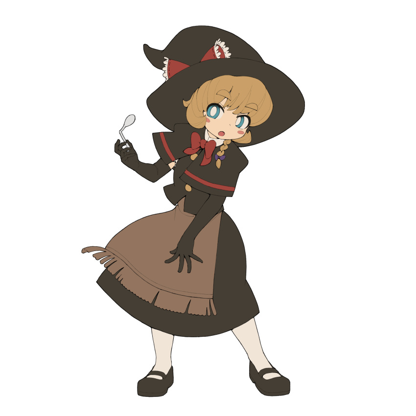 1girl, apron, bent_spoon, black_capelet, black_footwear, black_gloves, black_hat, black_skirt