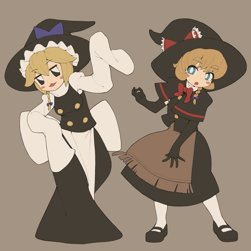 2girls, apron, bent_spoon, black_capelet, black_eyes, black_footwear, black_gloves, black_hat