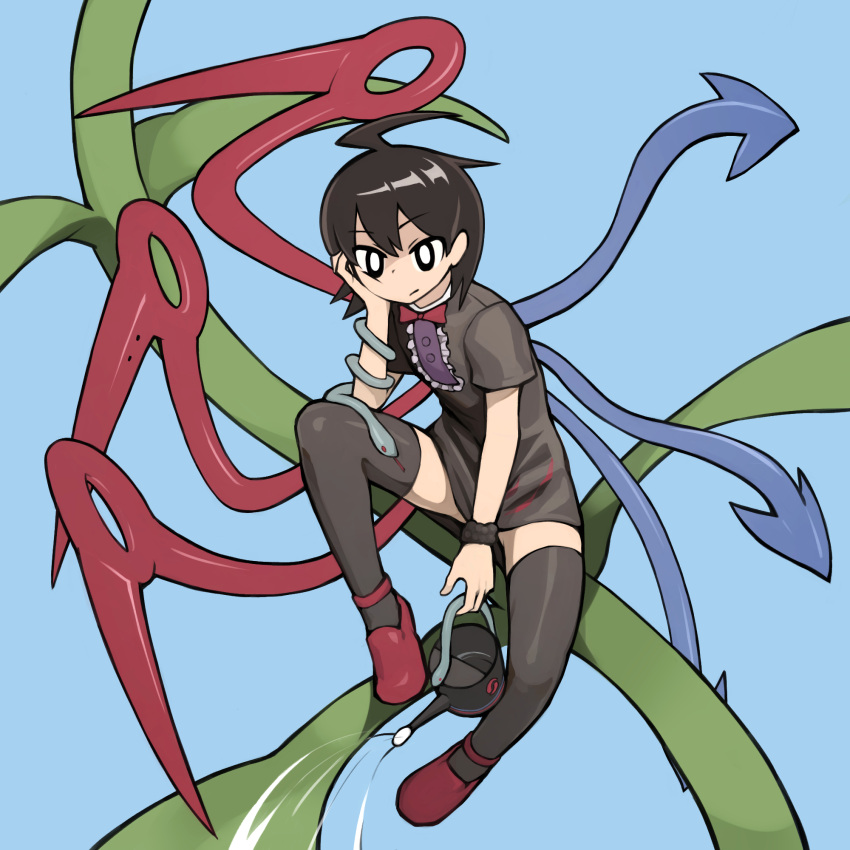 1girl, ahoge, asymmetrical_wings, black_dress, black_eyes, black_hair, black_thighhighs, blue_background
