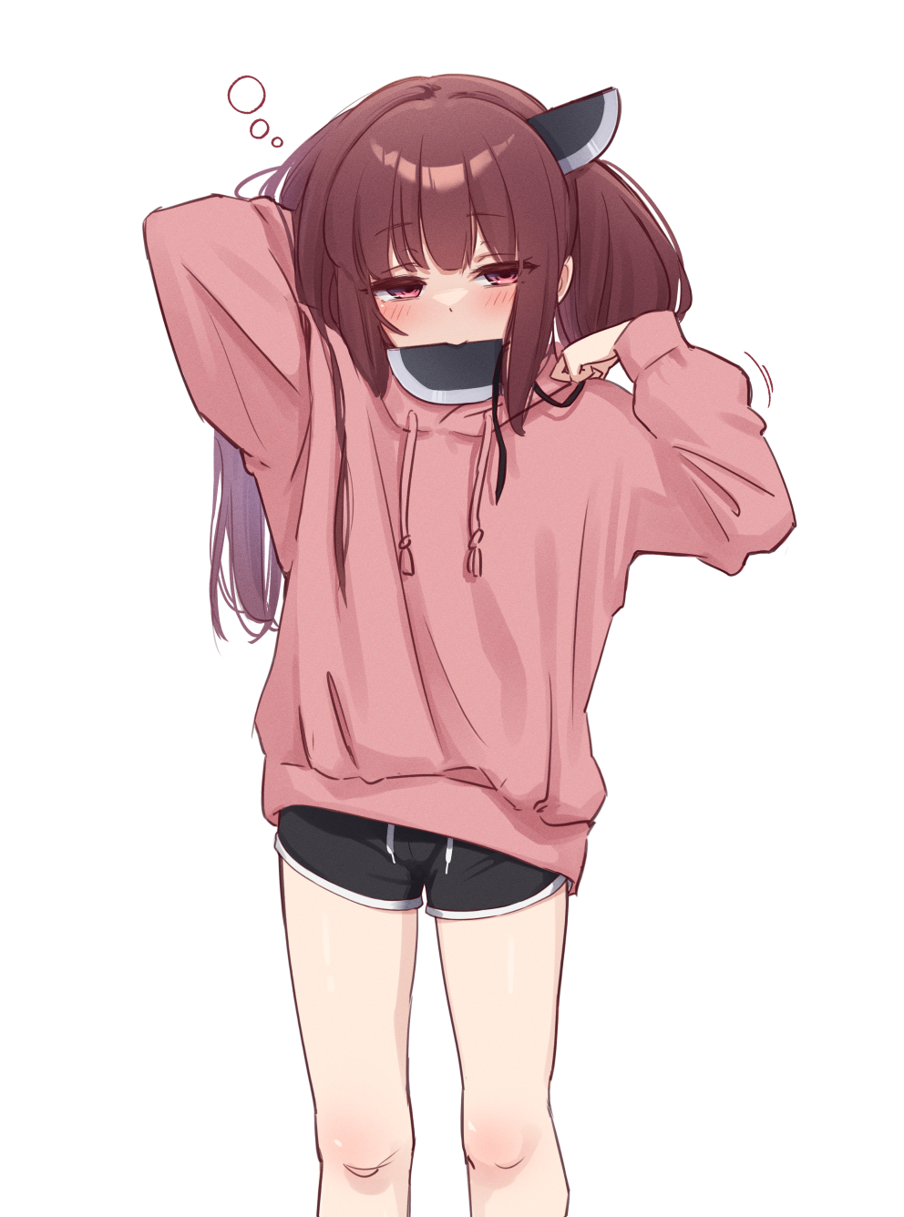 1girl, adjusting_hair, arm_up, blush, brown_eyes, brown_hair, dot_nose, drawstring