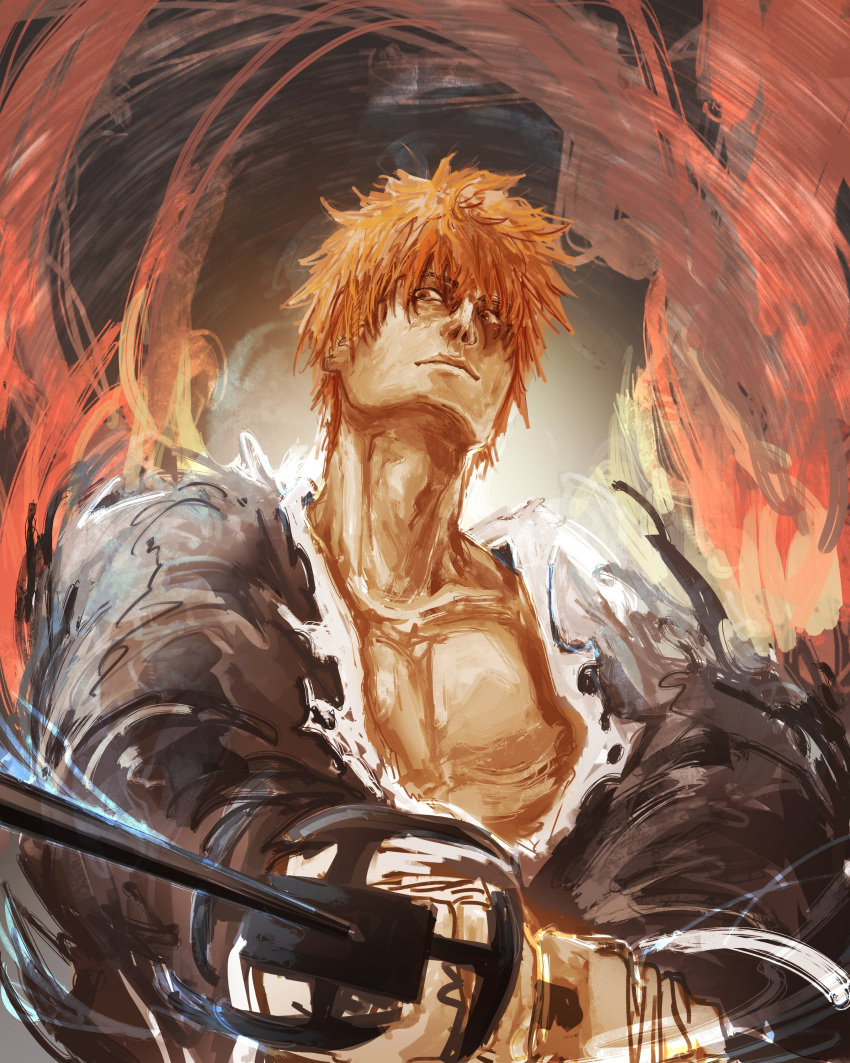 1boy, absurdres, aura, bankai, bleach, brown_eyes, closed_mouth, collarbone