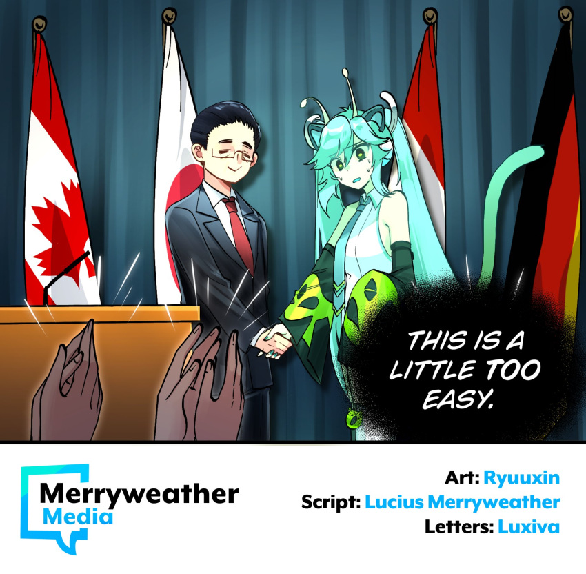 1boy, 1girl, alien, animal_ears, antennae, artist_name, black_hair, canadian_flag