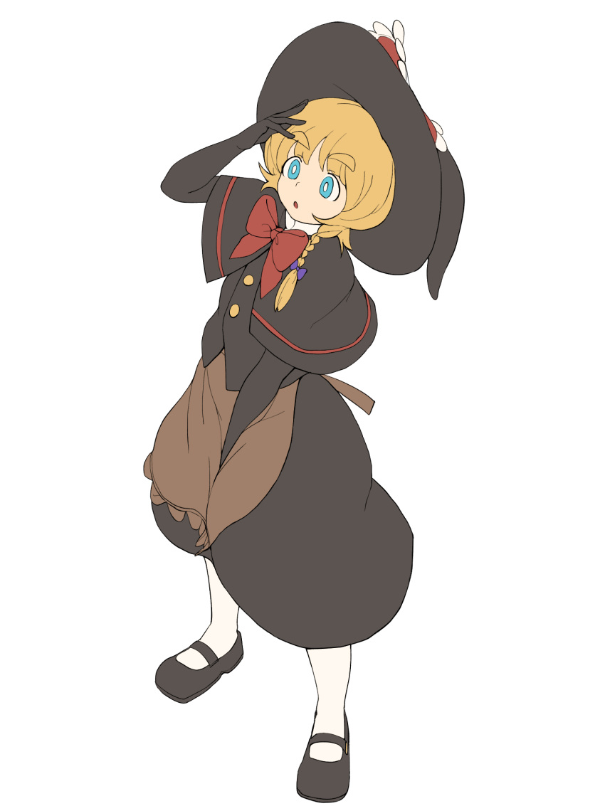 1girl, apron, between_legs, black_capelet, black_footwear, black_gloves, black_hat, black_skirt