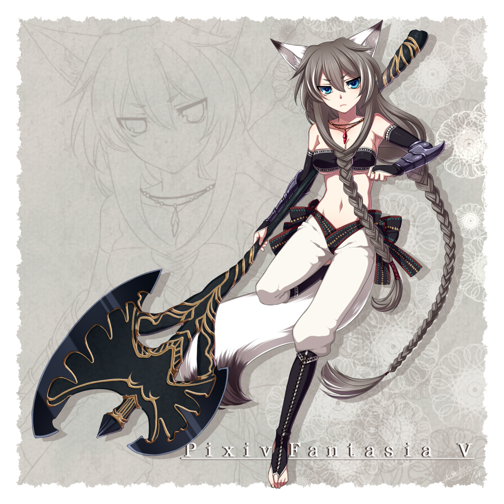 arm_guard, arm_guards, axe, bandeau, bare_shoulders, barefoot, blue_eyes, boots