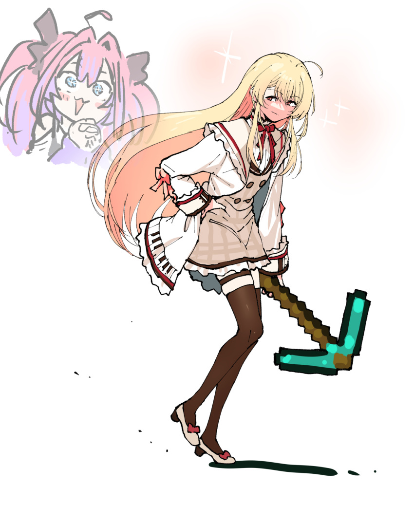 +_+, 2girls, :3, blonde_hair, brown_dress, brown_thighhighs, closed_mouth, cropped_shoulders, dress, excited, full_body, hand_on_own_hip, henriiku_(ahemaru), high_heels, highres, himemori_luna, himemori_luna_(dress), holding, holding_pickaxe, hololive, hololive_dev_is, jacket, leaning_forward, long_hair, looking_at_viewer, minecraft_pickaxe, multiple_girls, neck_ribbon, open_clothes, open_jacket, open_mouth, otonose_kanade, otonose_kanade_(1st_costume), own_hands_clasped, own_hands_together, pickaxe, projected_inset, red_ribbon, ribbon, short_dress, simple_background, smirk, sparkle, standing, standing_on_one_leg, thigh-highs, two_side_up, virtual_youtuber, white_background, white_jacket