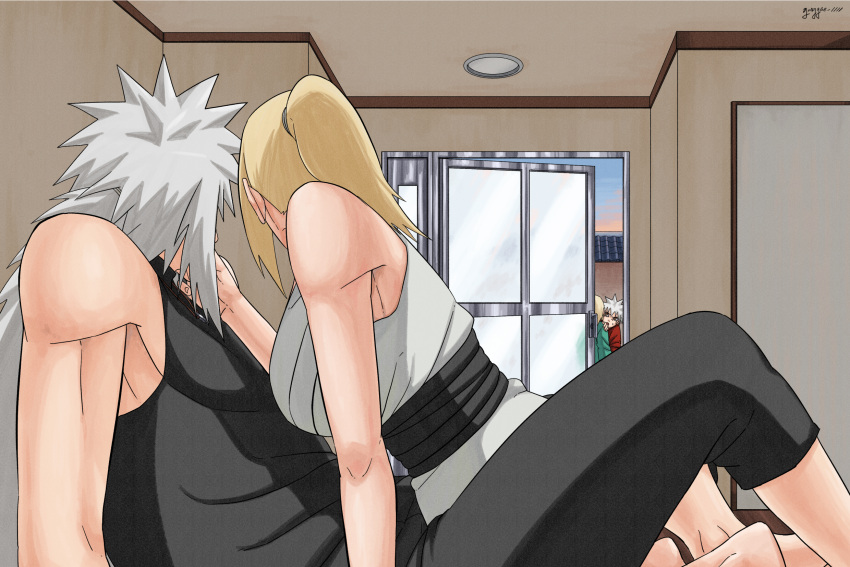 2boys, 2girls, black_shirt, blonde_hair, child, couple, girl_on_top, gonggae_1111