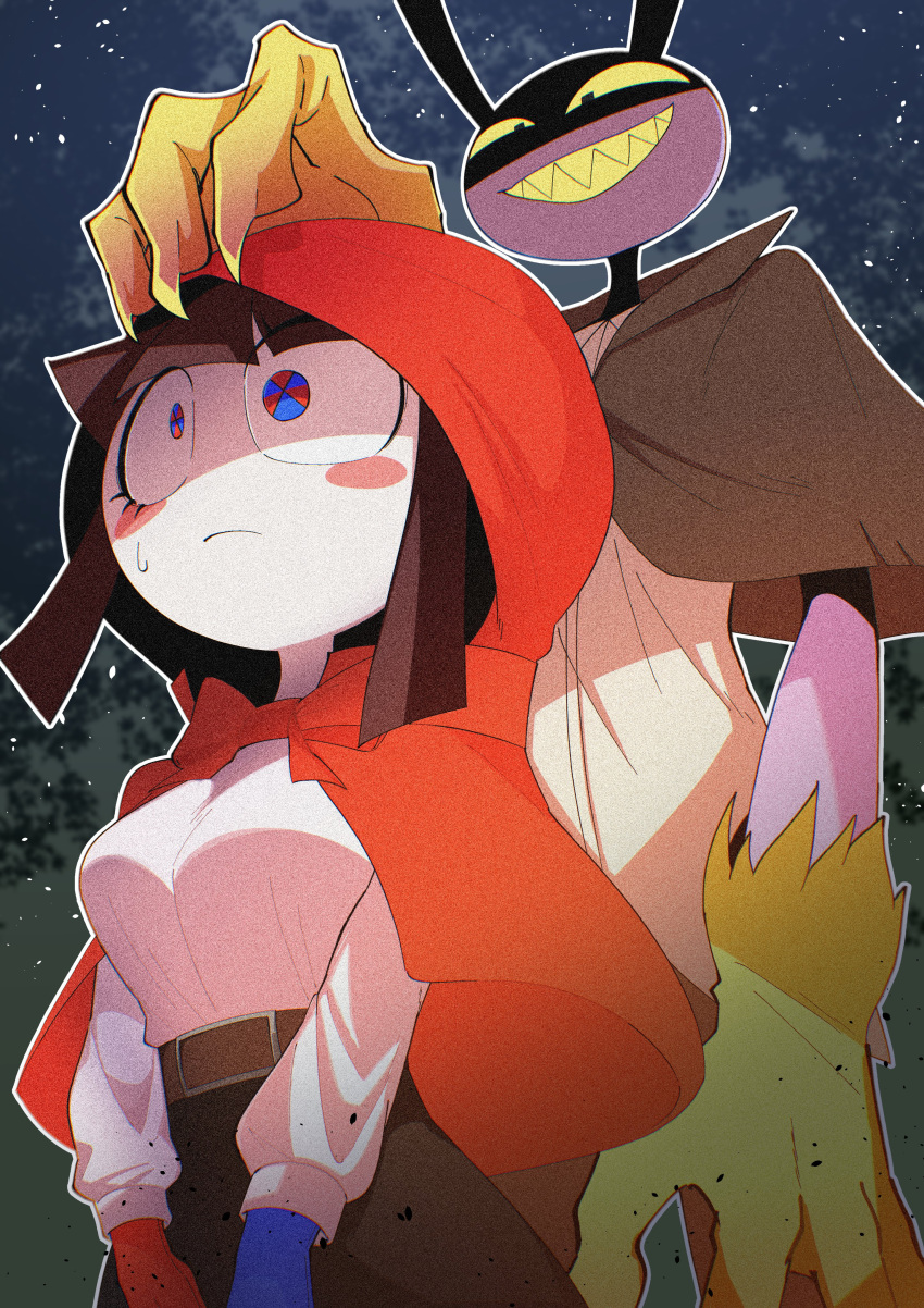 1boy, 1girl, absurdres, alternate_costume, asymmetrical_gloves, belt, big_bad_wolf, big_bad_wolf_(cosplay), black_skirt, blue_eyes, blue_gloves, blush_stickers, bow, breasts, brown_cloak, brown_hair, clawed_hands, cloak, colored_sclera, colored_skin, commentary_request, cosplay, debris, evil_smile, frown, gloves, highres, jax_(the_amazing_digital_circus), little_red_riding_hood, little_red_riding_hood_(grimm), little_red_riding_hood_(grimm)_(cosplay), looking_at_another, looking_to_the_side, matatabi_tukikage, medium_breasts, medium_hair, mismatched_gloves, mixed-language_commentary, night, night_sky, outdoors, pomni_(the_amazing_digital_circus), purple_fur, red_bow, red_eyes, red_gloves, red_hood, sharp_teeth, shirt, skirt, sky, smile, star_(sky), sweatdrop, teeth, the_amazing_digital_circus, two-tone_eyes, white_shirt, white_skin, yellow_fur, yellow_sclera