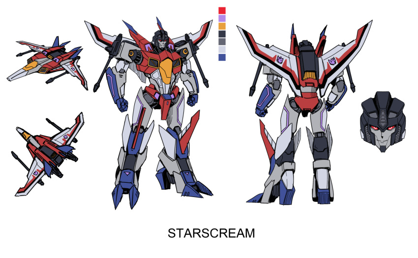 aircraft, airplane, arm_cannon, color_guide, decepticon, english_commentary, fighter_jet, full_body