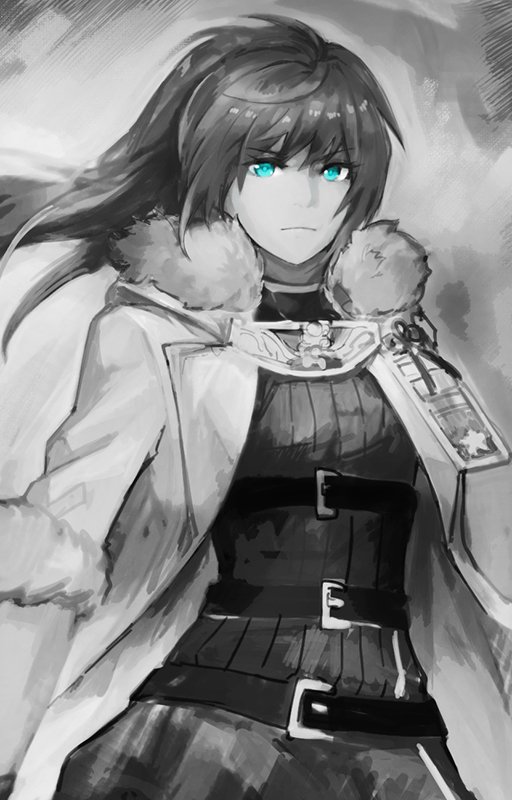 1girl, azhi_kurage, blue_eyes, closed_mouth, greyscale, long_hair, looking_at_viewer, maria_traydor, monochrome, solo, spot_color, star_ocean, star_ocean_anamnesis, star_ocean_till_the_end_of_time