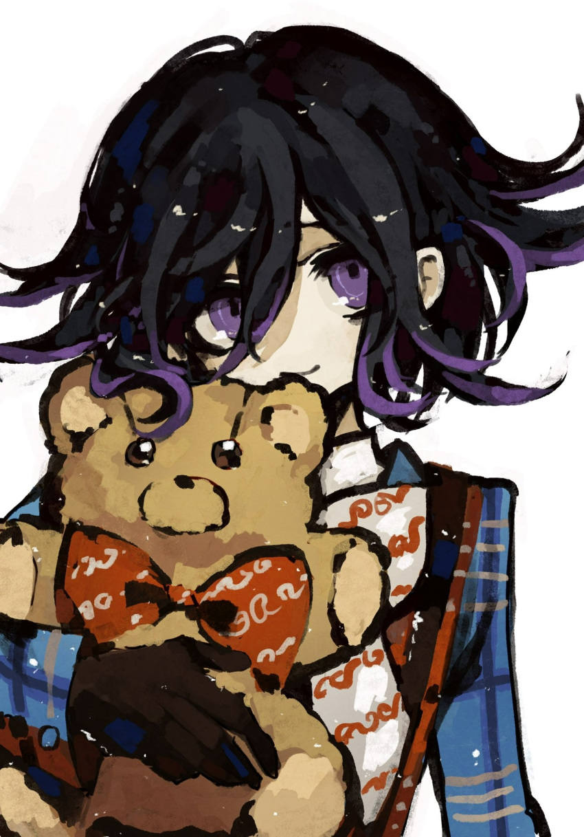 1boy, asterfield_(meiar), bishounen, black_gloves, black_hair, blue_jacket, bow, danganronpa_(series), danganronpa_v3:_killing_harmony, flipped_hair, gloves, hair_between_eyes, highres, holding, holding_stuffed_toy, jacket, long_sleeves, looking_at_viewer, male_focus, oma_kokichi, plaid_clothes, plaid_jacket, purple_hair, red_bow, short_hair, simple_background, smile, solo, stuffed_animal, stuffed_toy, teddy_bear, upper_body, violet_eyes, white_background