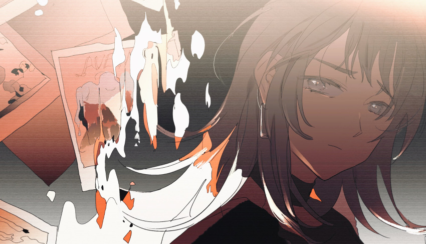 1girl, bang_dream!, bang_dream!_it's_mygo!!!!!, black_choker, black_hair, burning, burning_photo, choker