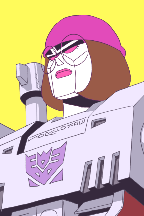 brown_hair, cosplay, crossover, decepticon, family_guy, frown, glasses, looking_up, makoto_ono, mecha, meg_griffin, meg_griffin_(cosplay), megatron, no_humans, portrait, purple_background, robot, round_eyewear, short_hair, solo, transformers, transformers:_generation_1, violet_eyes, yellow_background