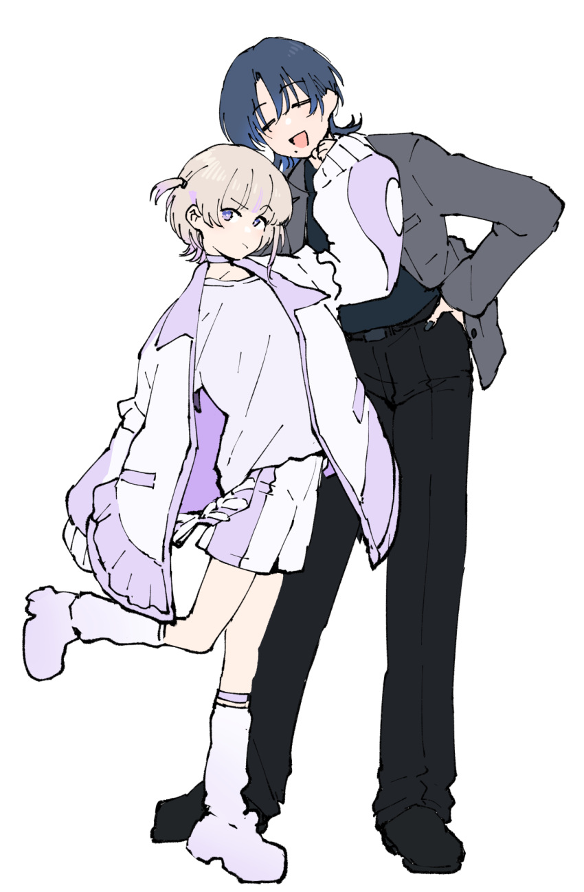 black_nails, black_pants, choker, closed_eyes, closed_mouth, frown, full_body, grey_jacket, hand_on_own_hip, height_difference, henriiku_(ahemaru), highres, hiodoshi_ao, hiodoshi_ao_(1st_costume), hololive, hololive_dev_is, jacket, leaning_forward, leg_warmers, long_sleeves, looking_at_viewer, medium_hair, mole, mole_under_mouth, multicolored_jacket, open_mouth, pants, purple_choker, purple_jacket, purple_shorts, raised_eyebrow, shirt, short_hair, shorts, simple_background, smile, standing, standing_on_one_leg, striped_clothes, striped_shorts, todoroki_hajime, todoroki_hajime_(1st_costume), two-tone_jacket, two-tone_shorts, two_side_up, vertical-striped_clothes, vertical-striped_shorts, virtual_youtuber, white_background, white_jacket, white_shirt, white_shorts, wolf_cut