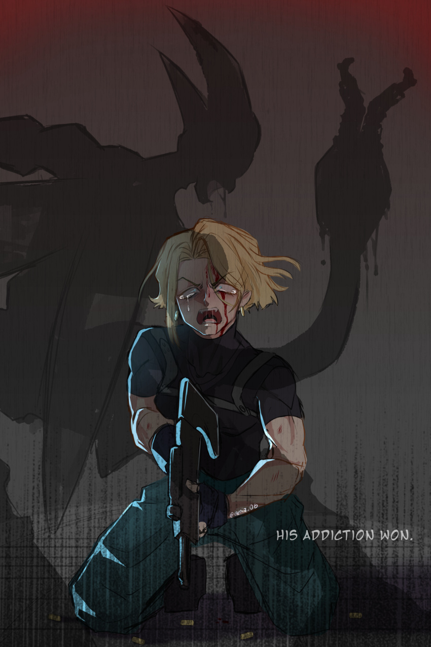 1boy, 1girl, absorbing, alternate_universe, amiz06, android_18, artist_name, asymmetrical_sidelocks, black_shirt, blonde_hair, blood, blood_from_eyes, blood_on_face, blue_eyes, blue_pants, cell_(dragon_ball), crying, crying_with_eyes_open, dragon_ball, dragon_ball_z, earrings, english_commentary, english_text, facing_viewer, fangs, grey_background, gun, hair_between_eyes, highres, holding, holding_gun, holding_weapon, hoop_earrings, imperfect_cell, jewelry, open_mouth, pants, parted_bangs, pixiv_username, saliva_trail_between_teeth, shadow, shell_casing, shirt, short_hair, tail_vore, tears, tumblr_username, weapon
