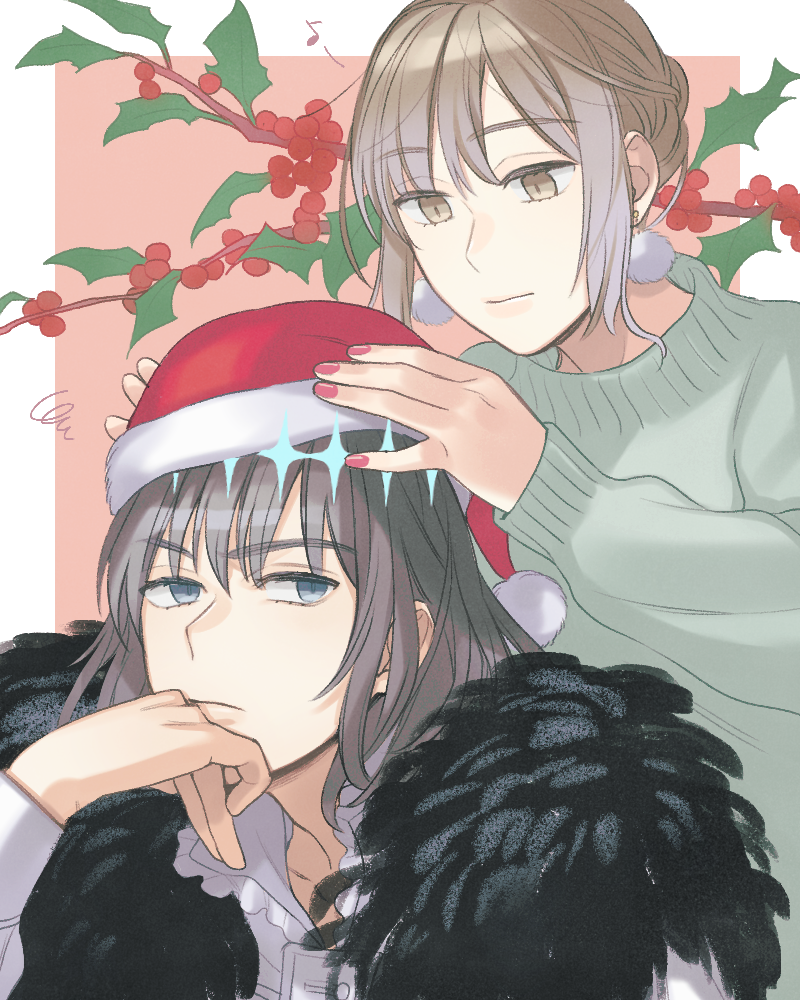 1boy, 1girl, adjusting_clothes, adjusting_headwear, blue_eyes, brown_eyes, brown_hair, commentary_request