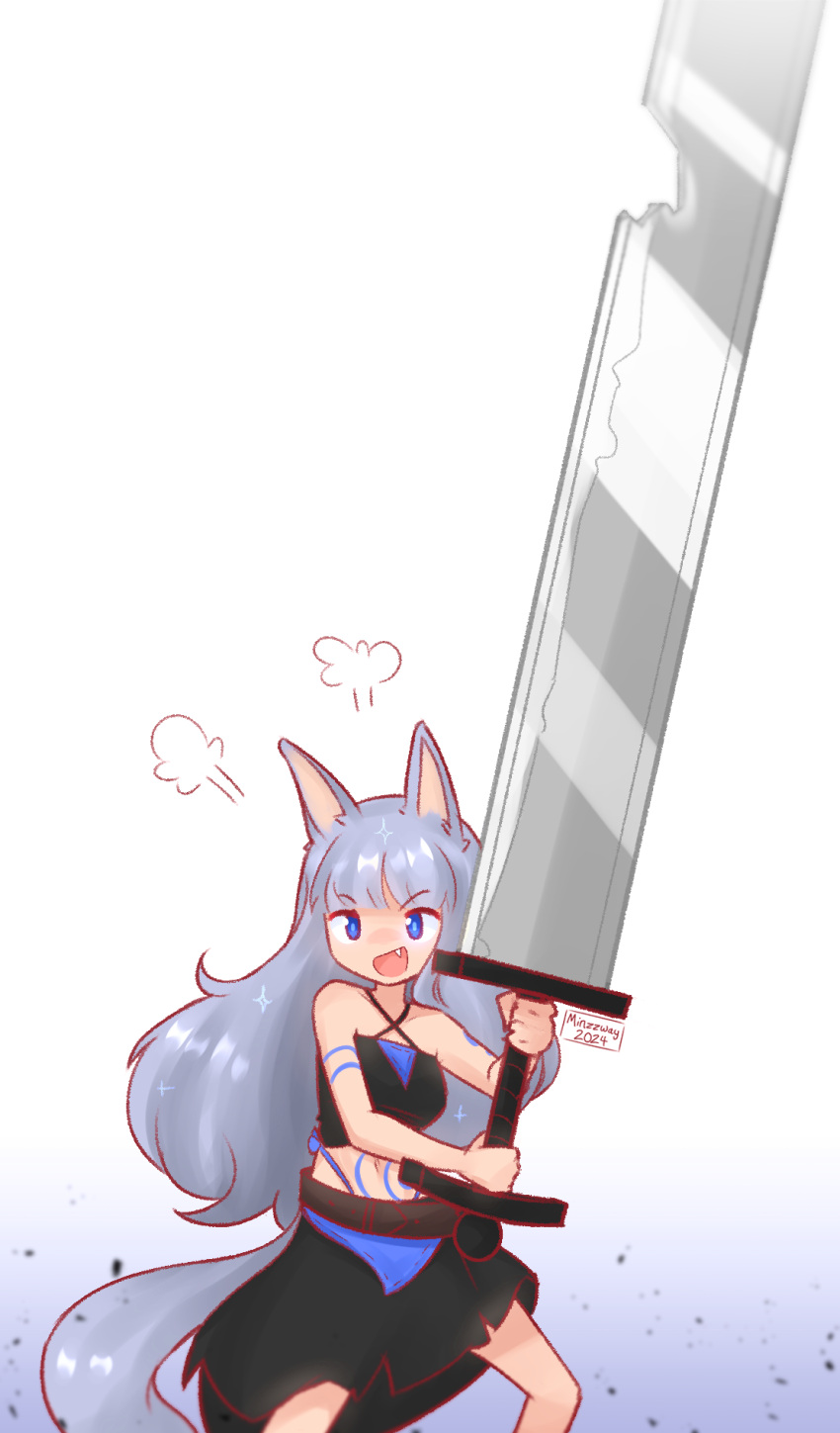 1girl, :d, animal_ears, black_skirt, black_tube_top, blue_eyes, commentary, cowboy_shot
