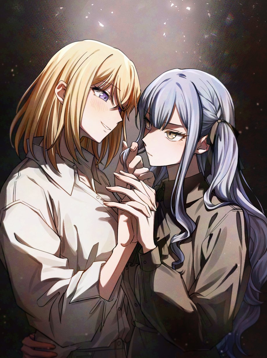 2girls, bak_pep, bang_dream!, bang_dream!_it's_mygo!!!!!, black_shirt, blonde_hair, blue_hair, blush