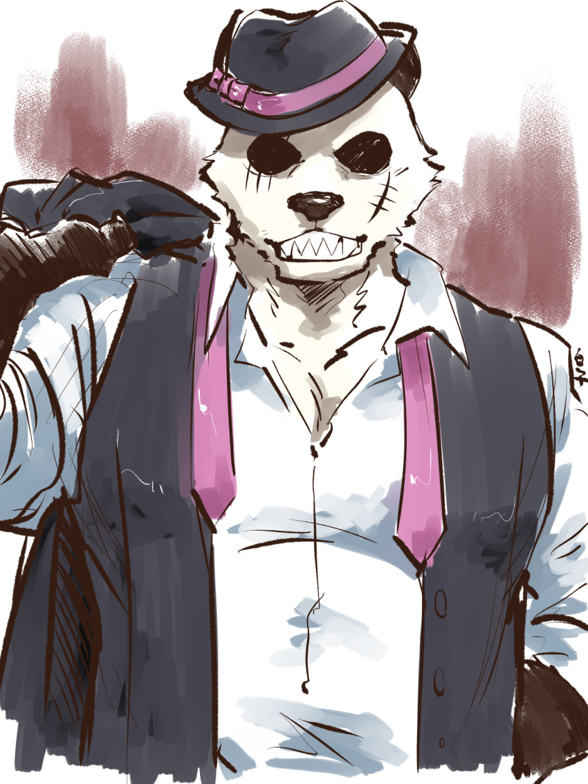 1boy, animal_ears, beastars, black_fur, black_hat, black_vest, coat, coat_on_shoulders