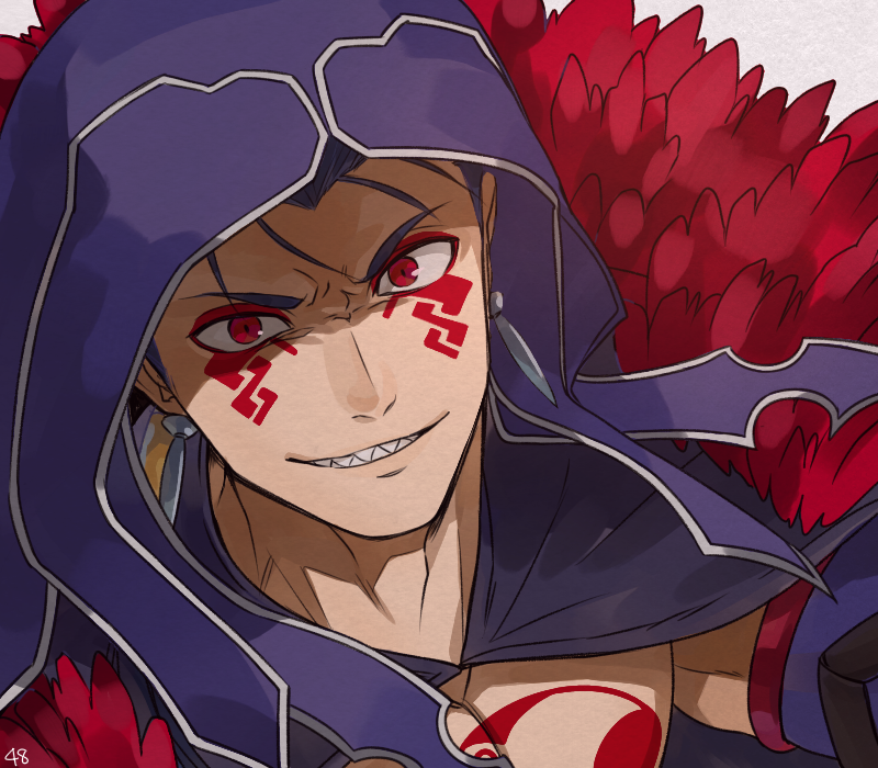 1boy, blue_hair, blue_hood, commentary_request, cu_chulainn_(fate), cu_chulainn_alter_(fate), earrings, facial_tattoo