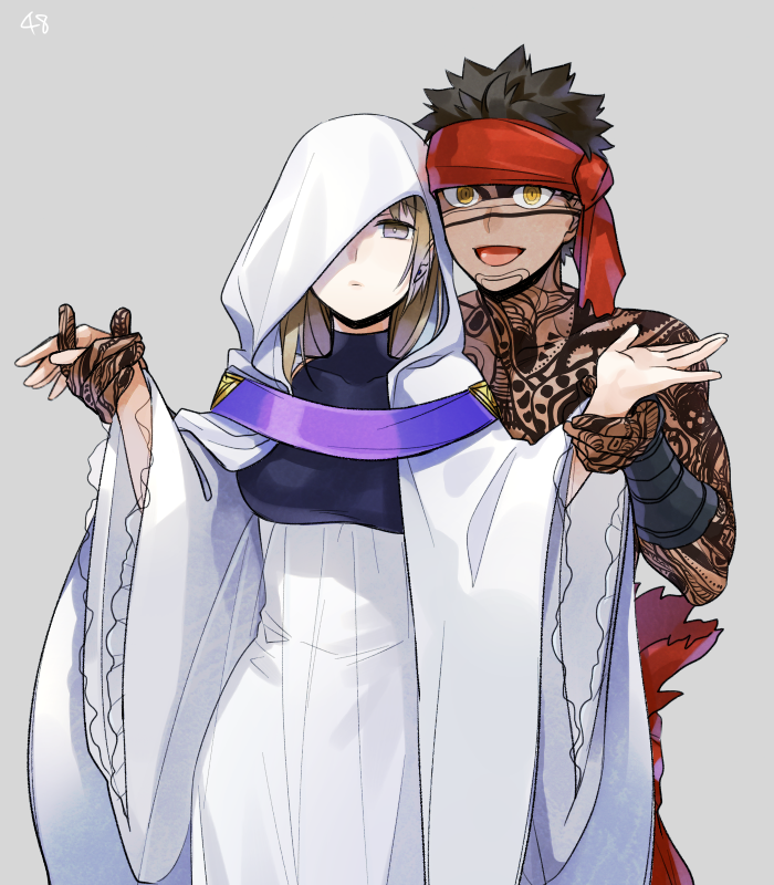 1boy, 1girl, angra_mainyu_(fate), black_hair, breasts, brown_hair, commentary_request, dark-skinned_male