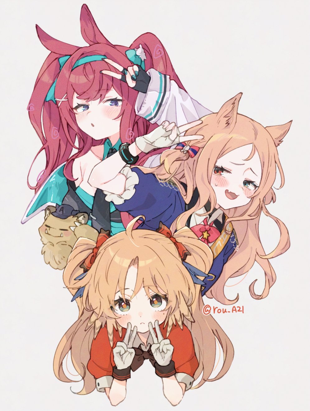 3girls, animal_ears, archetto_(arknights), arknights, arouni22, blonde_hair, blue_eyes, blush