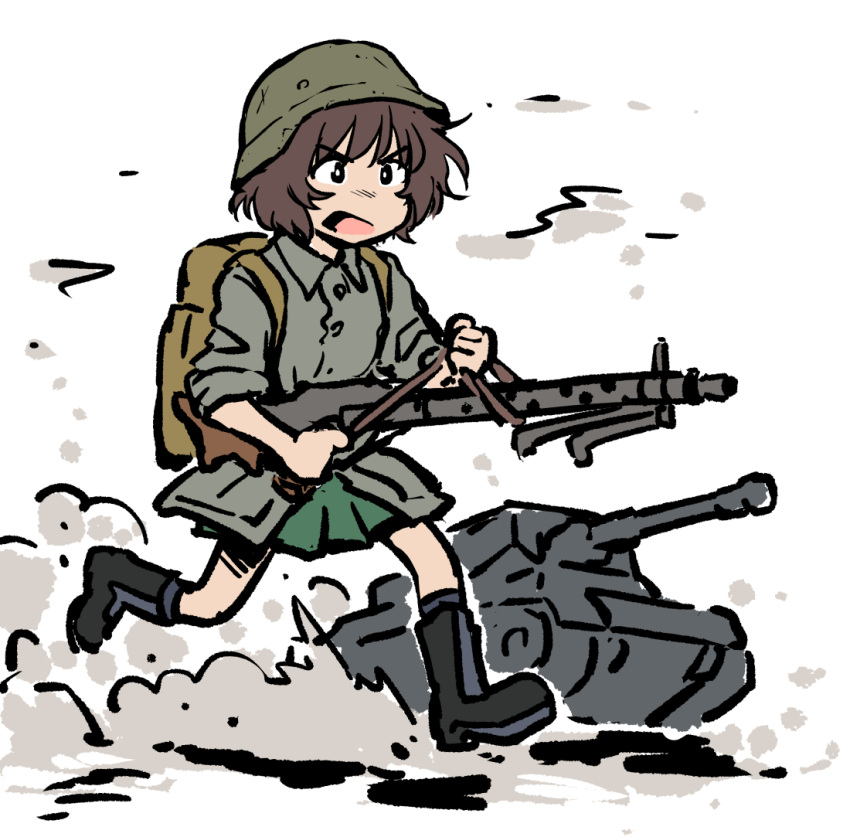 1girl, akiyama_yukari, alternate_costume, backpack, bag, black_eyes, black_footwear, boots