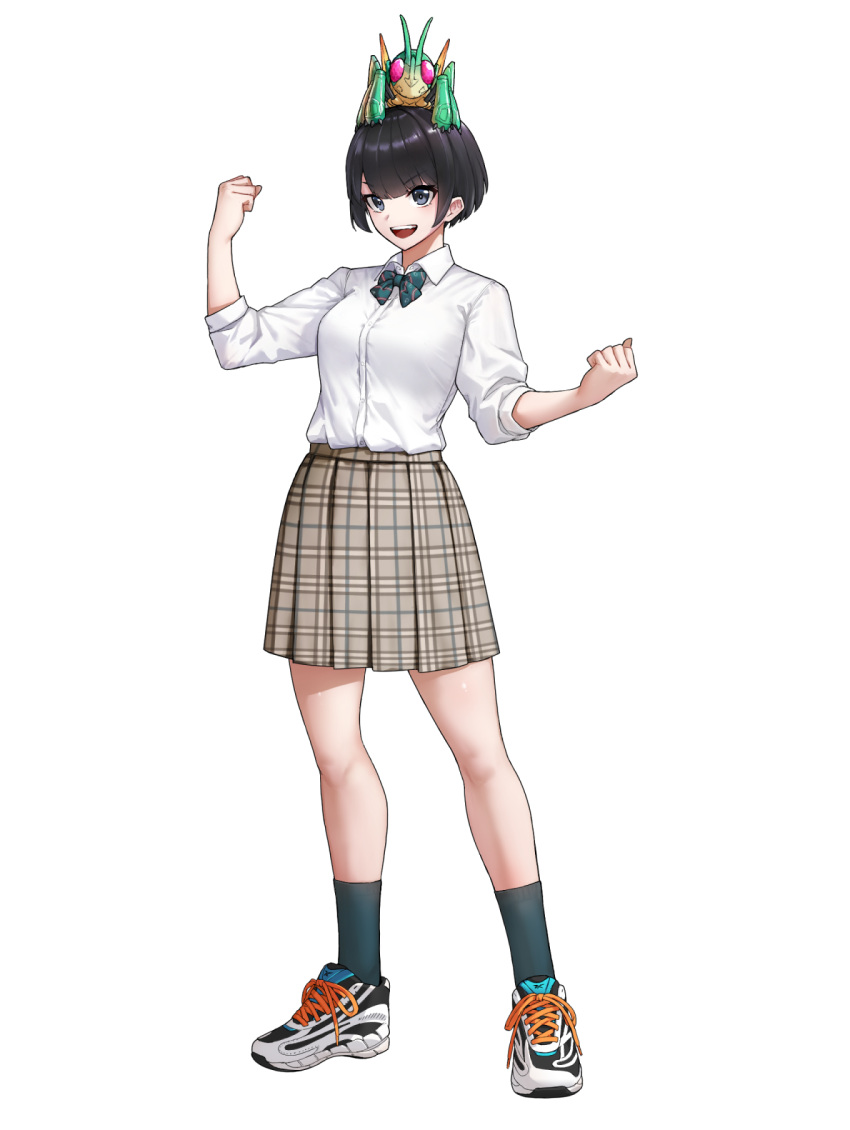 1girl, ankle_socks, black_eyes, black_hair, bob_cut, bow, bowtie, bug, chemy, clenched_hands, collared_shirt, commentary, creature, creature_on_head, eidenjyou1997, full_body, genderswap, genderswap_(mtf), grasshopper, highres, hopper_1, ichinose_houtarou, kamen_rider, kamen_rider_gotchard_(series), looking_at_viewer, miniskirt, open_mouth, plaid_clothes, plaid_skirt, pleated_skirt, school_uniform, shirt, shirt_tucked_in, shoes, short_hair, short_sleeves, simple_background, skirt, smile, sneakers, socks, solo, standing, teeth, upper_teeth_only, white_background, white_footwear, white_shirt, white_sneakers