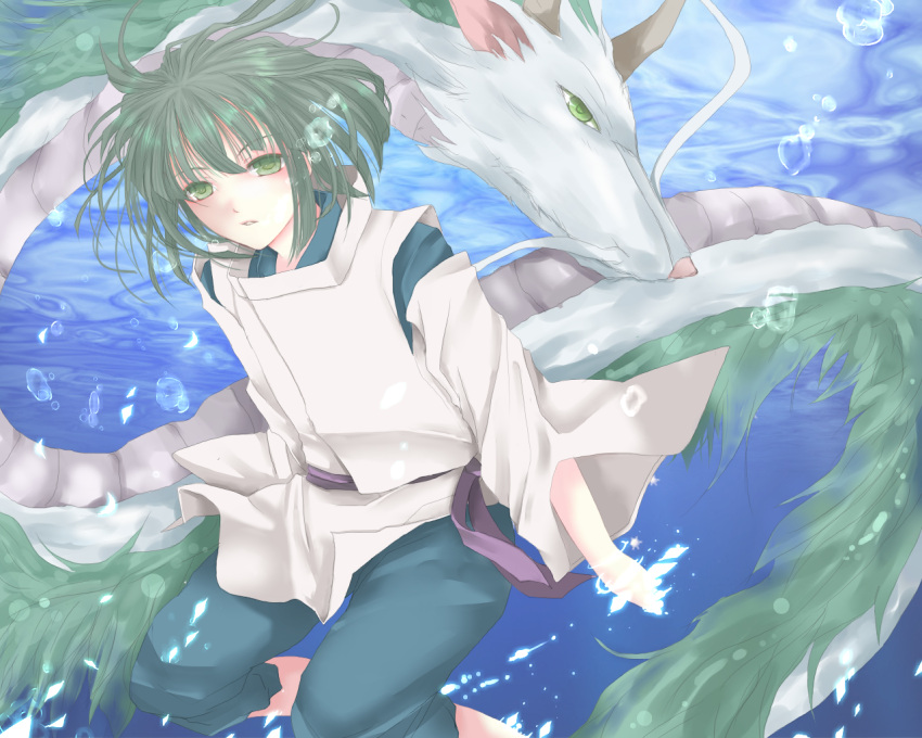 dissolving, dragon, dual_persona, eastern_dragon, green_eyes, green_hair, haku, haku_(spirited_away)