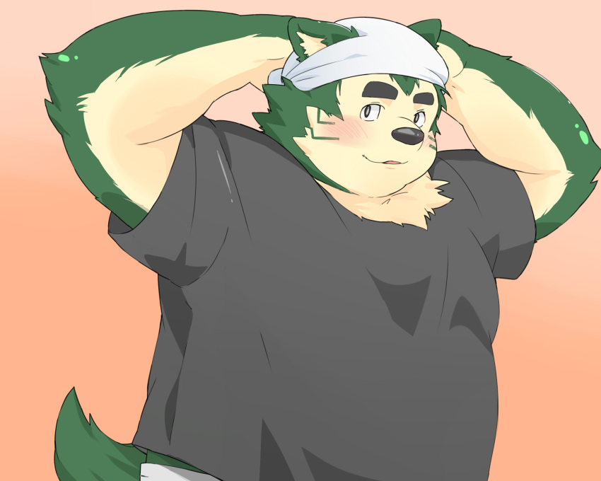 1boy, animal_ears, arms_up, bandana, black_shirt, blush, commentary_request, dog_boy