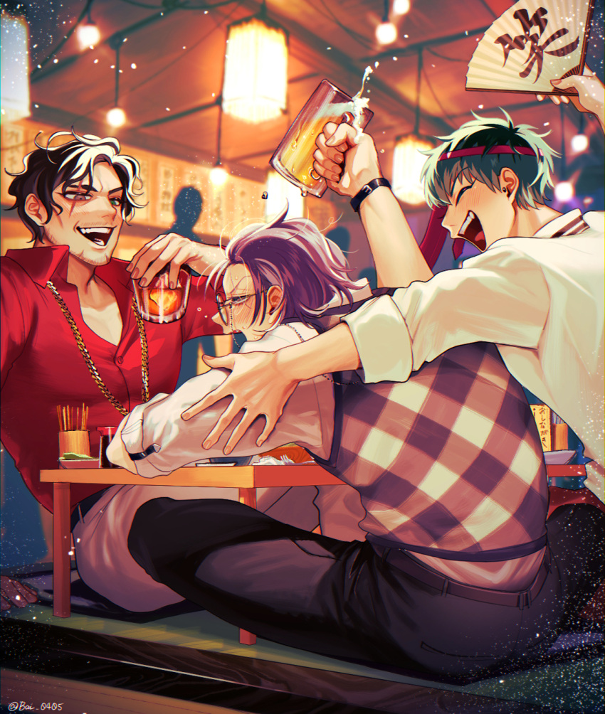 3boys, alcohol, amayado_rei, aqua_hair, argyle_clothes, argyle_sweater_vest, arm_around_shoulder, baru_(bar_0405)