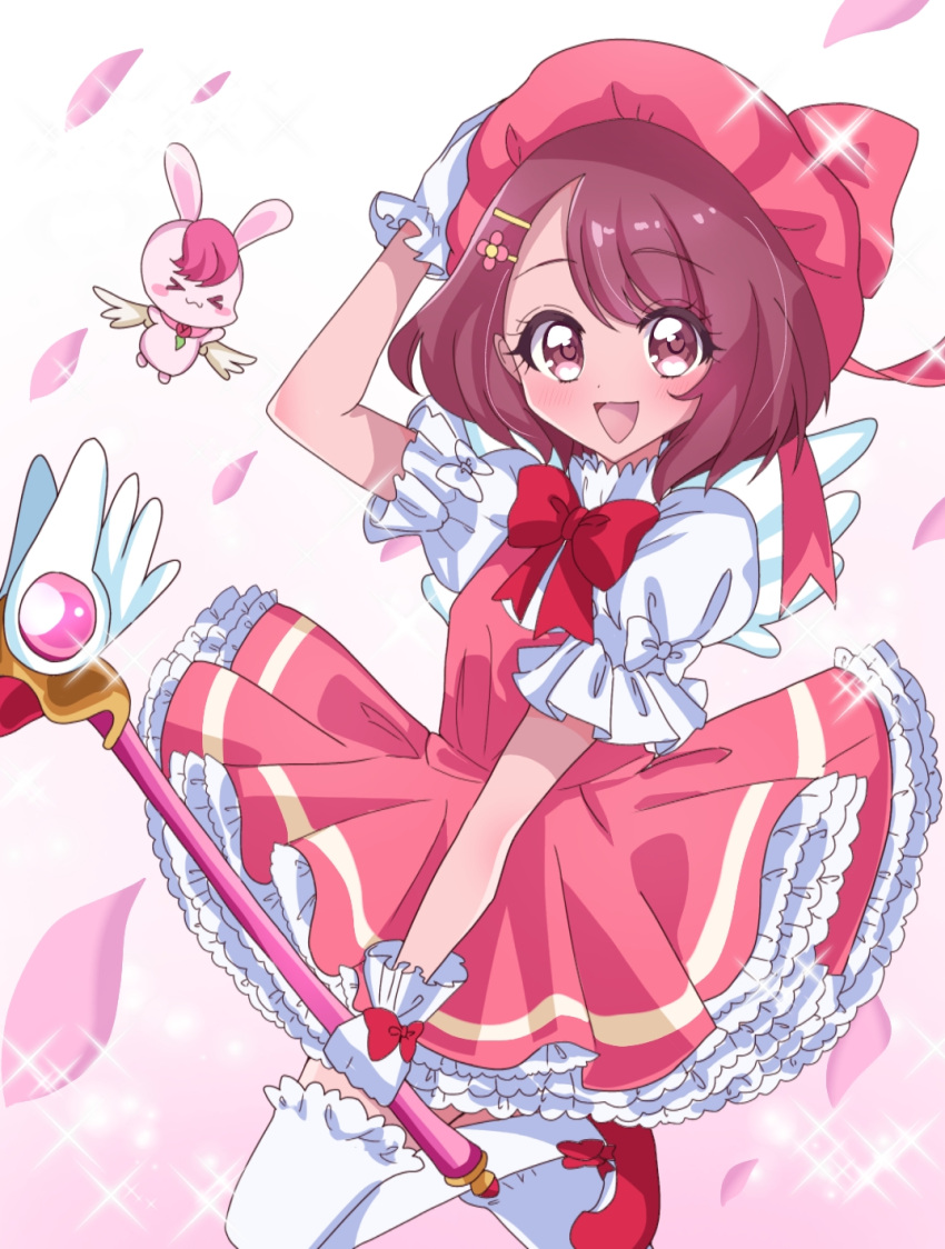 >_<, 1girl, :3, :d, arm_up, bishie_sparkle, blush, bow