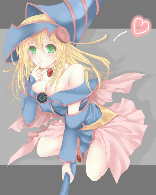 <3, bare_shoulders, blonde_hair, blush, breasts, cleavage, dark_magician_girl, duel_monster