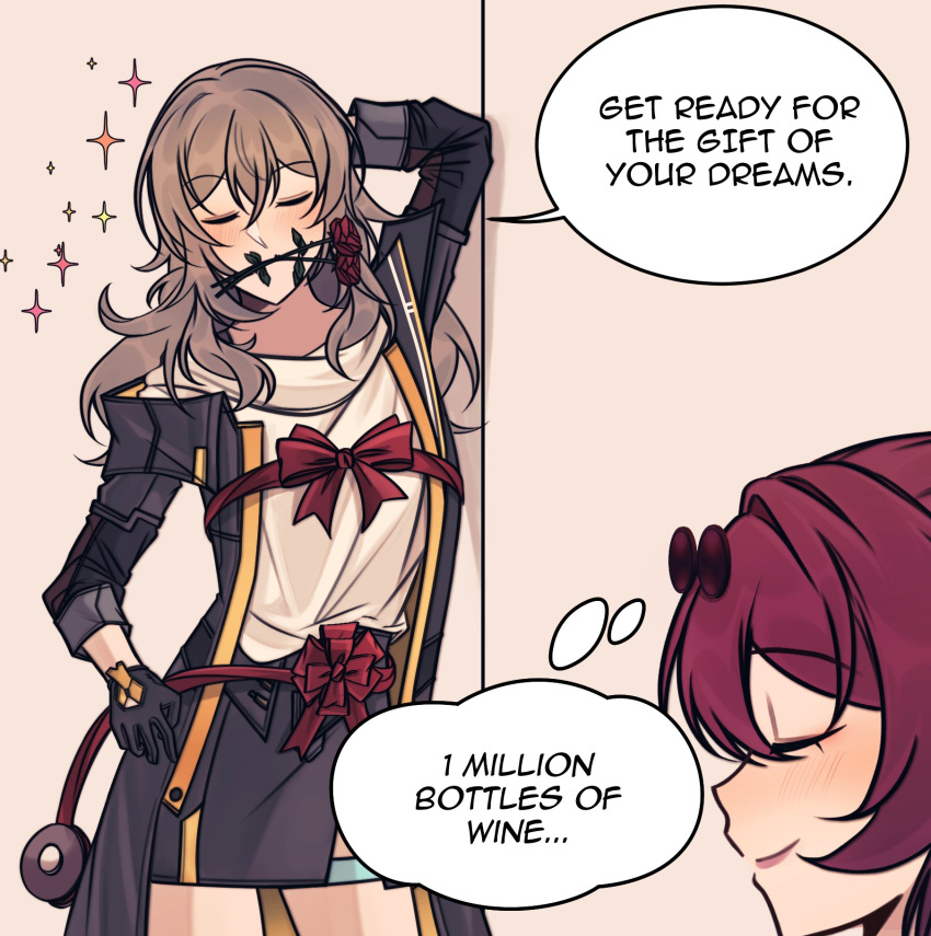 2girls, birdburglar99, black_gloves, black_jacket, black_skirt, blush, bow, bowtie