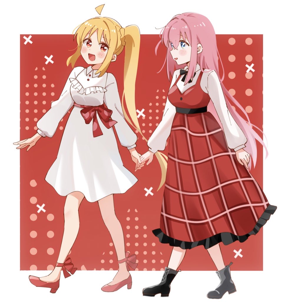 2girls, ahoge, alternate_costume, ankle_boots, black_footwear, blonde_hair, blue_eyes, blush, bocchi_the_rock!, boots, brown_eyes, commentary_request, detached_ahoge, dress, erinko604, full_body, gotoh_hitori, high_heels, ijichi_nijika, long_hair, long_sleeves, looking_at_another, multiple_girls, open_mouth, pink_hair, red_dress, red_footwear, shirt, side_ponytail, sidelocks, smile, standing, very_long_hair, white_dress, white_shirt