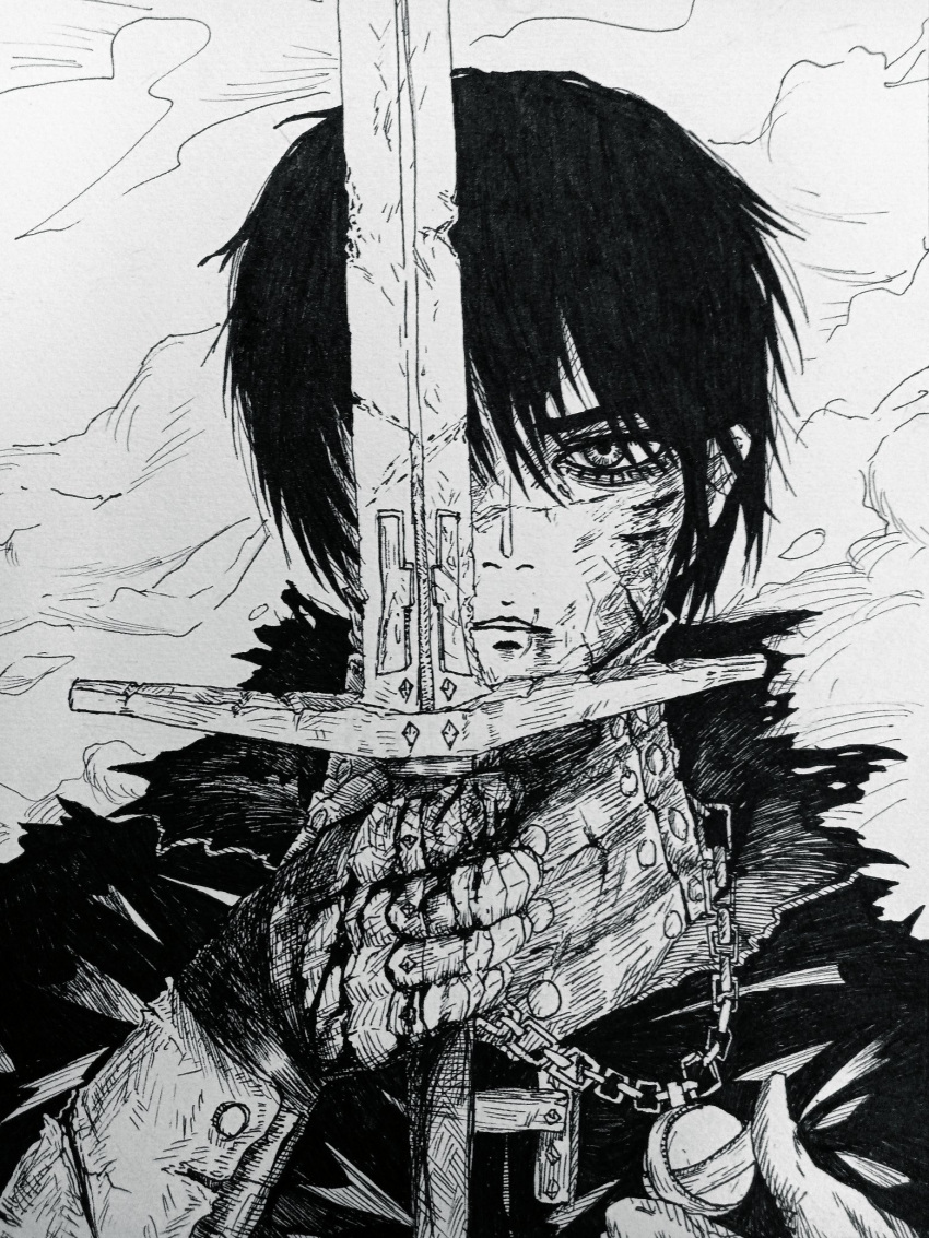 1boy, black_hair, cloak, gauntlets, holding_sword, looking_at_viewer, monochrome, necklace
