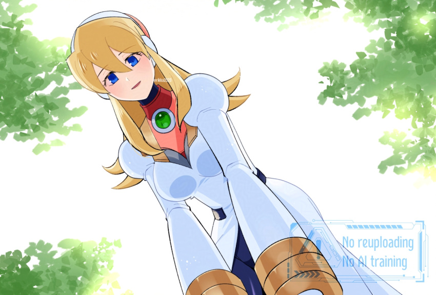 1girl, alia_(mega_man), bent_over, blonde_hair, blue_eyes, breasts, chest_jewel, coat