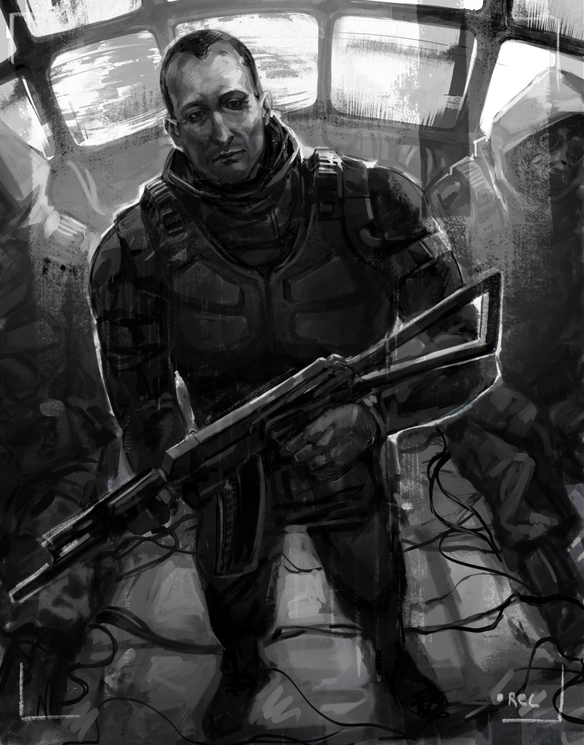 3boys, absurdres, aks-74u, assault_rifle, boots, bulletproof_vest, closed_mouth, commentary