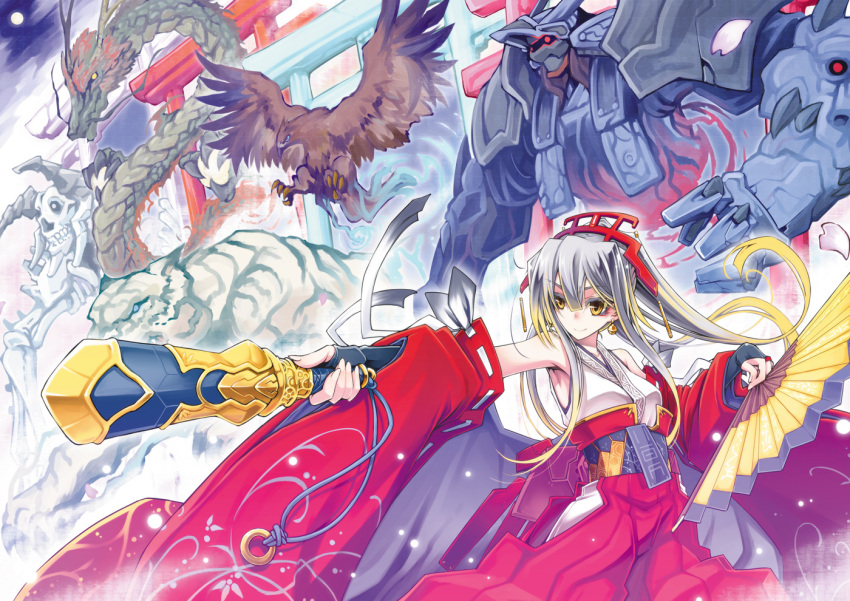 armpits, bare_shoulders, bird, bridal_gauntlets, colored_eyelashes, detached_sleeves, dragon, eagle