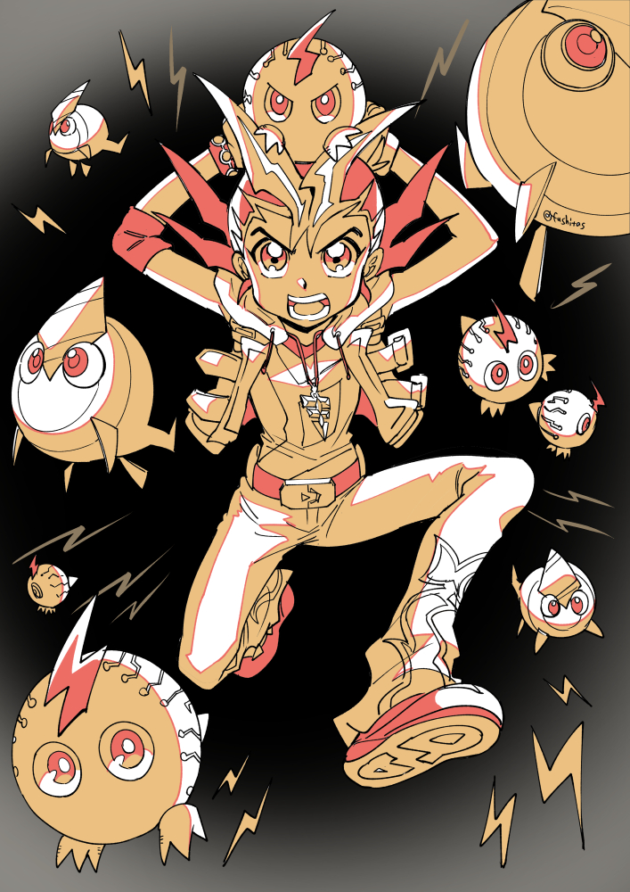 1boy, arms_up, belt, character_request, drawstring, duel_monster, full_body, fushitasu, hood, hood_down, jacket, jewelry, male_focus, necklace, open_clothes, open_jacket, open_mouth, pants, rainbow_kuriboh, running, shirt, shoes, sleeveless, sleeveless_jacket, sleeveless_shirt, spiky_hair, teeth, tsukumo_yuma, wristband, yu-gi-oh!, yu-gi-oh!_zexal