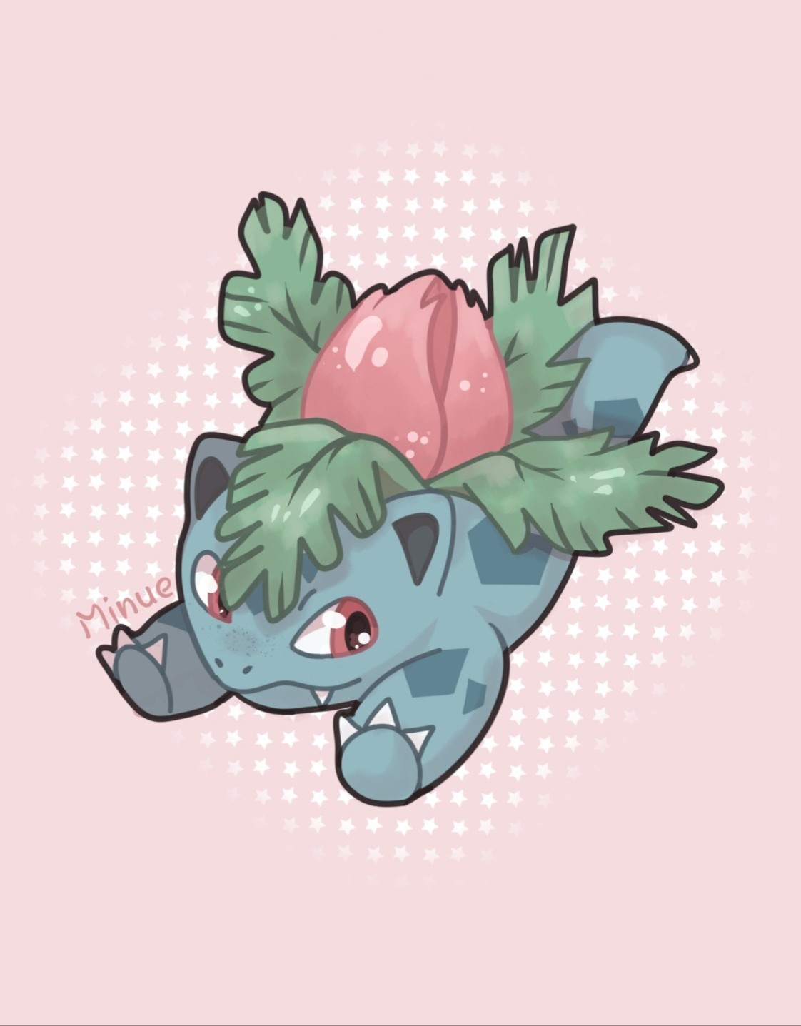 animal_focus, claws, closed_mouth, commentary, english_commentary, fangs, full_body, highres, ivysaur, minue-art, no_humans, nostrils, pink_background, pokemon, pokemon_(creature), red_eyes, running, signature, solo