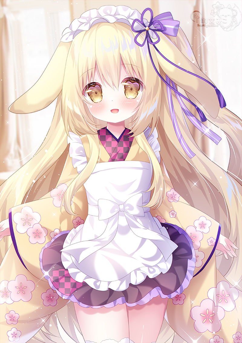 1girl, amairo_chocolata, animal_ears, apron, blonde_hair, blush, bow, commentary_request, cowboy_shot, floral_print, floral_print_kimono, frilled_apron, frilled_hairband, frills, hair_between_eyes, hairband, hamiyamiko, japanese_clothes, kimono, long_hair, long_sleeves, looking_at_viewer, momose_mitsuki, open_mouth, pleated_skirt, print_kimono, purple_skirt, rabbit_ears, skirt, solo, thigh-highs, very_long_hair, white_apron, white_bow, white_hairband, white_thighhighs, wide_sleeves, yellow_eyes, yellow_kimono, zettai_ryouiki