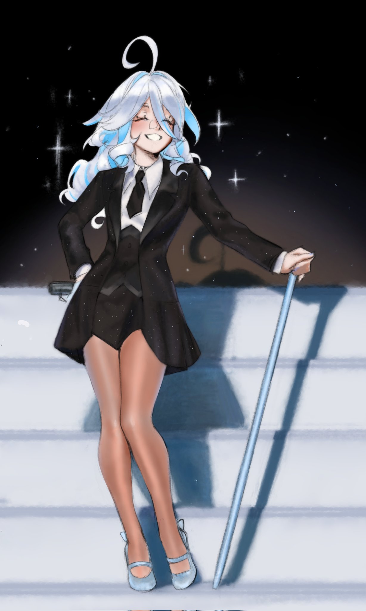 1girl, ahoge, black_jacket, black_skirt, brown_pantyhose, cane, closed_eyes, collared_shirt