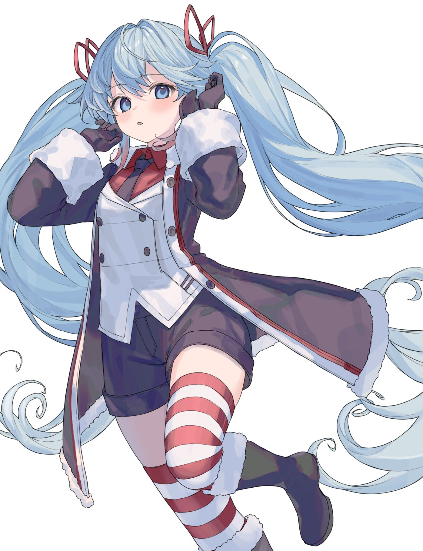 1girl, black_coat, black_gloves, black_necktie, black_shorts, blue_eyes, blue_hair, buttons, check_costume, coat, collared_shirt, commentary, double-breasted, double-parted_bangs, foot_out_of_frame, gloves, hair_ribbon, hatsune_miku, highres, horizontal-striped_thighhighs, karyln, light_blush, long_hair, long_sleeves, looking_at_viewer, necktie, parted_lips, red_ribbon, red_shirt, red_thighhighs, ribbon, shirt, shorts, simple_background, solo, thigh-highs, twintails, very_long_hair, vocaloid, white_background, wing_collar